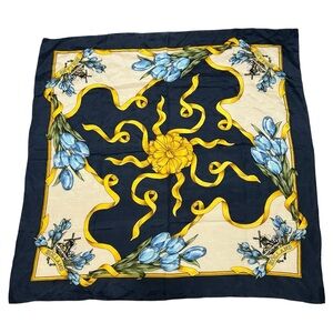 Vintage Holland Silk Square Scarf in Navy w/ BlueTulips Gold Ribbon Print